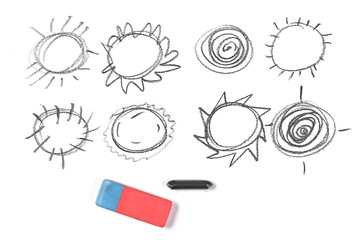Circles with lines hatching, sun and rays sketching set and collection with rubber eraser and...