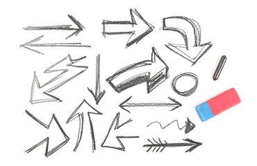 Arrows set and collection hatching, sketching with rubber eraser and graphite stick isolated on white background, top view