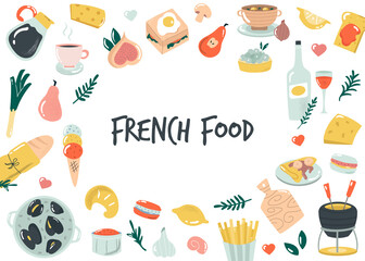 Hand drawn banner, background with French food. Delicious vector illustration