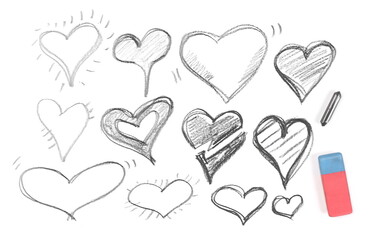 Hearts hatching set and collection, sketching with rubber eraser and graphite stick isolated on...