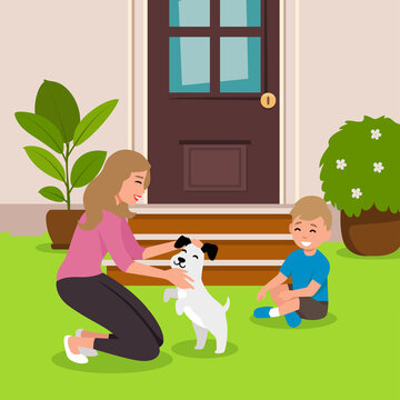 Woman squatted down and hugs her dog. Colorful vector illustration in flat style. with his little boy smilling