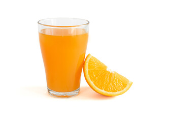 Glass of fresh orange juice with fresh orange slices cut in half on white background with copy space, banner