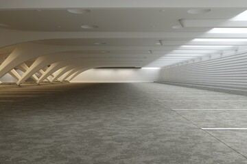 Empty Hangar, Empty Factory Interior or Empty Warehouse With white wall and Concrete Floor. 3d rendering