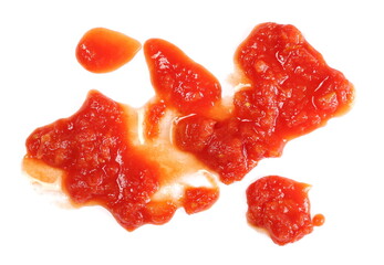 Tomato sauce with chopped chunks isolated on white background, top view