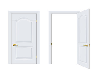 Two white classic doors open and closed