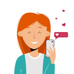 Cute girl using smartphone for chat, sending and receiving love messages. Vector illustration for dating app concept in flat style