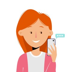 Cute girl using smartphone for chat, sending and receiving messages. Vector illustration on flat style