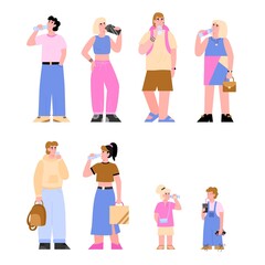 People drinking water for keeping fit and water balance. Healthy lifestyle compulsory things, flat cartoon vector illustration isolated white background