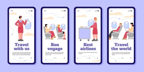 Set airline start pages with cartoon characters of travelers and stewardesses, flat vector illustrations. Air travel and tourism onboarding page designs collection.