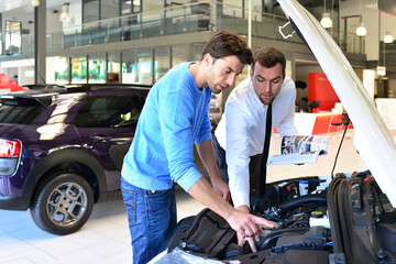 Advice in the car dealership - seller and young man selling a new car