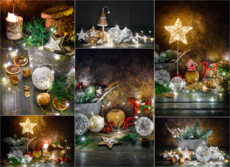 Collage mix set of Christmas holiday decoration with fir, balls and garland. Magical fairy-tale...
