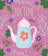 tea time, kettle with cute flower print, kitchen ceramic drinkware, floral flowers leaves background cartoon