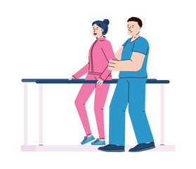 Disabled woman overcoming medical rehabilitation in rehab clinic, flat cartoon vector illustration isolated on white background. Physical therapy procedure.