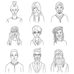 Vector Set of Outline Characters. Different Subculture Portraits.