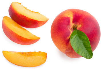 peach fruit with green leaf and slices isolated on white background. top view