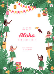 Hawaiian party poster or banner design with girls hula dancers and tropical toucan bird, flat cartoon vector illustration. Summer party in hawaiian style invitation. - obrazy, fototapety, plakaty