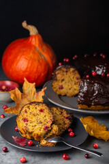 Pumpkin band cake with cranberries and chocolate on top. Vertical orientation.
