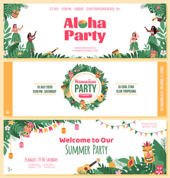Invitation flyers set for Aloha Hawaiian party, flat cartoon vector illustration. Beach or pool summer party in hawaiian style ad with cartoon people hawaiian dancers.