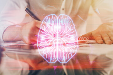 Man with multi exposure atificial intelligence brain icons.