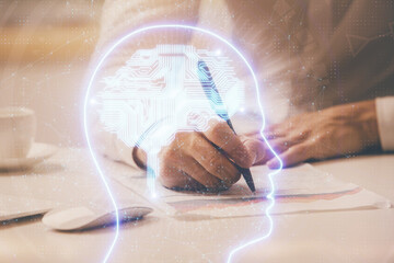 Man with multi exposure brain theme icons.