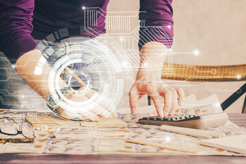 Man hands with data theme double exposure icons.