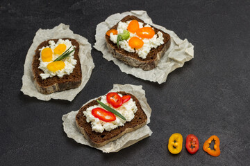 Mix bruschetta with various toppings. Chopped peppers