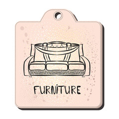 Sofa. Furniture for sitting rest in the style of linear drawing. Sketch. Tag with an image of the sofa. vector illustration.