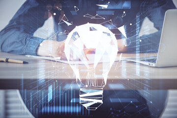 Innovative your business. Idea concept icon on writing man's hand background. Multi exposure.