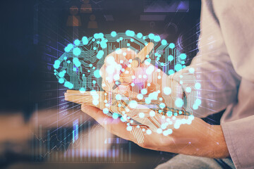 Brain multi exposure icon with man hands background.