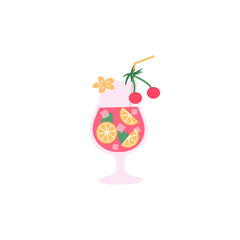 Icon of a glass with a refreshing hawaiian cocktail. Drink with ice, citrus, mint and cherry. Flat vector illustration isolated on a white background.
