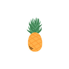 Icon of a yellow unpeeled uncut pineapple with green leaves. Summer fruit for a healthy lifestyle. Fresh and ripe natural food. Flat cartoon isolated vector illustration.