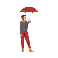 Woman cartoon character in autumn warm clothes holding umbrella, flat vector illustration isolated on white background. Personage for autumn season topic.