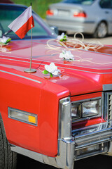 Luxury wedding car decorated with beautiful flowers. Brides and grooms wedding day.