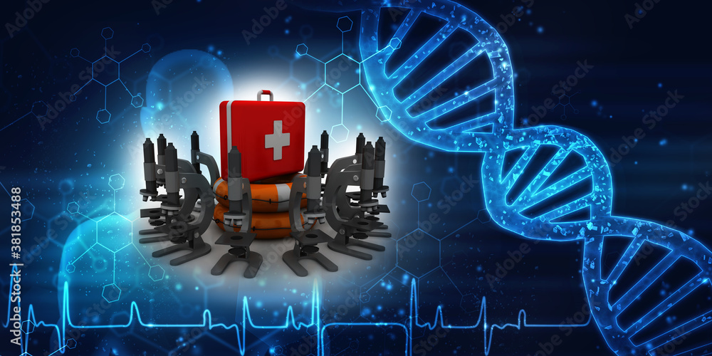 Poster 3d rendering microscope with first aid box