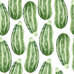Seamless watercolor hand drawn pattern with green zucchini courgette, farmers organic natural ripe vegetables. Vegetarian vegan design kitchen cooking textile menu labels wallpaper. Labels for harvest