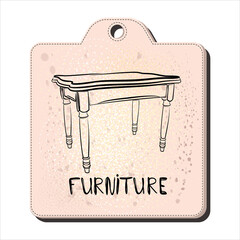 Beautiful carved table with carved legs linear pattern on the tag for a store sale. A coupon with a picture of the table. Joinery. Furniture. vector illustration