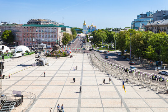 KIEV, UKRAINE - MAY 5, 2017: view of monument to Bohdan Khmelnytsky on St Sophia Square and Saint Michael's Golden-Domed Monastery in Kiev city. The monastery was founded in 1108-1113