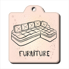 Sofa. Furniture for sitting rest in the style of linear drawing. Sketch. Tag with an image of the sofa. vector illustration.
