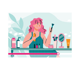 Fashion blogger or makeup artist filming tutorial or video review on cosmetic products, flat cartoon vector illustration isolated on white background.