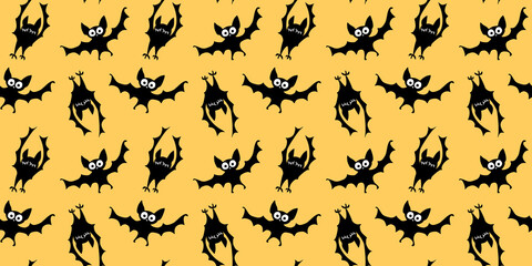 Flying bats seamless pattern. Cute Spooky vector Illustration. Halloween backgrounds and textures in flat cartoon gothic style. Black silhouettes animals 