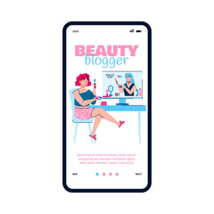 Girl subscriber is watching an online video tutorial with a female beauty blogger making a review of makeup and cosmetics. Mobile phone screen. Flat cartoon vector illustration
