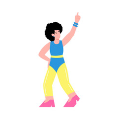 Dancing woman dressed in fashion trends of 80s, flat vector illustration isolated on white background. Retro cartoon character of young woman dancing disco.