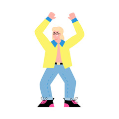 Young man in bright clothes dancing disco, flat cartoon style vector illustration isolated on white background. Retro disco dance party in style of 80s character.