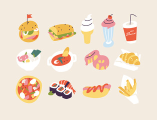 Vector illustration set of colorful cartoon fast food icons. Junk food menu.