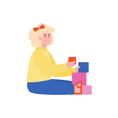 Cute little girl playing toy blocks sitting on the floor, cartoon flat vector illustration isolated on white background. Early education and intellectual development.
