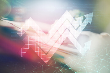 Blue arrow over woman's hands taking notes background. Concept of success. Double exposure