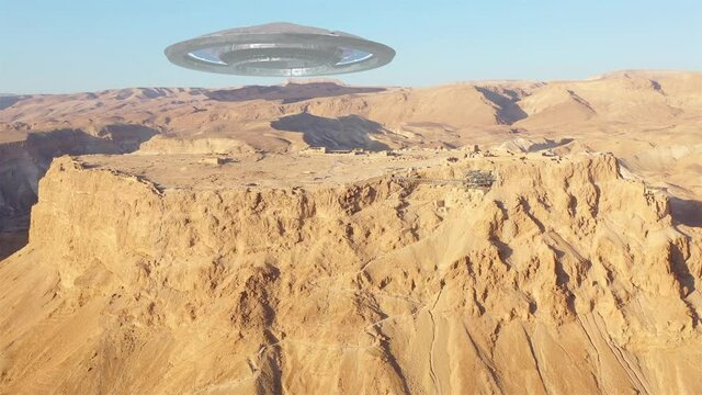 Alien Ufo Saucer over Ancient City in the desert- Aerial
Drone view over Masada close to dead sea in Israel, Live footage with visual effect elements,4K

