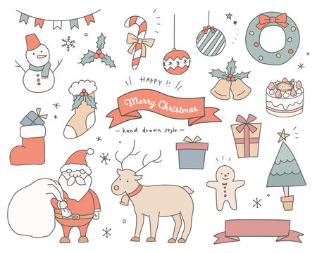 クリスマスのかわいい手描きイラストのセット／サンタクロース／トナカイ／ツリー／ベル／おしゃれ／冬