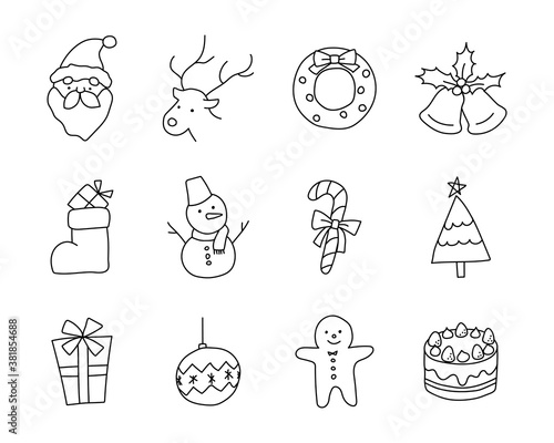 クリスマスのかわいい手描きアイコンのセット サンタクロース トナカイ ツリー ベル イラスト 冬 Ball Wall Mural Ba Yugoro