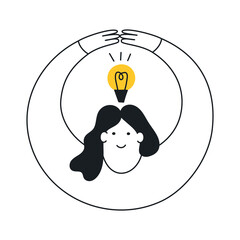 The cartoon woman holds her arms above her head covering the creativity light bulb. Idea generation, solution, thinking outside the box concept. Flat clean line vector illustration on white